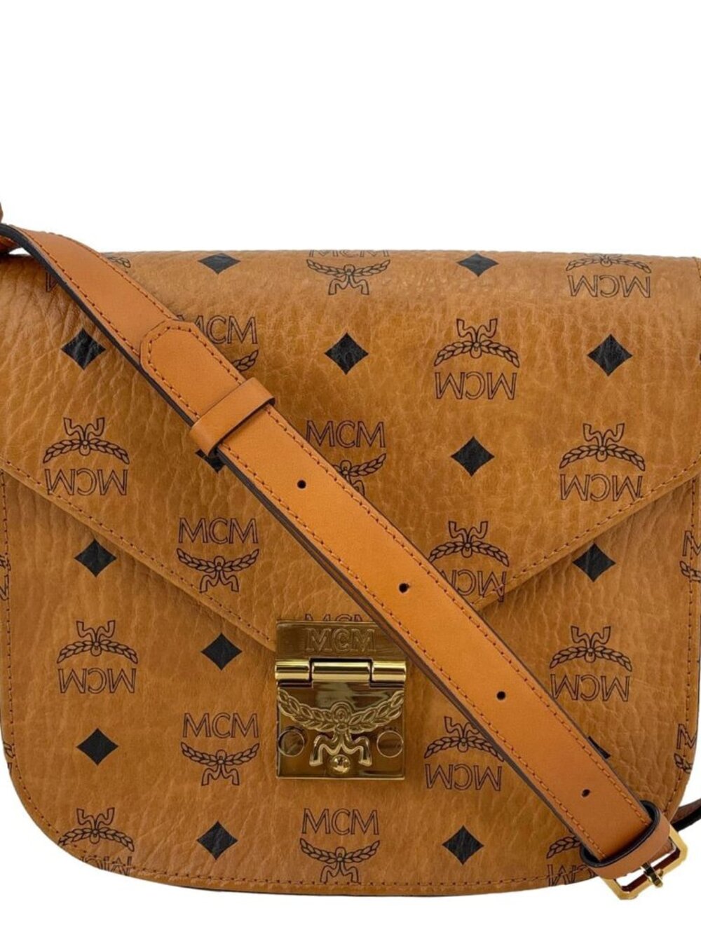 MCM  Patricia Visetos Monogram Crossbody Bag Cognac